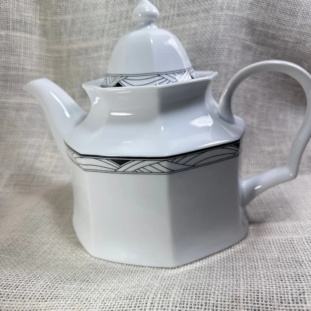Studio Nova Synthesis Y0031 Teapot White Octagonal Art Deco Black Trim Porcelain